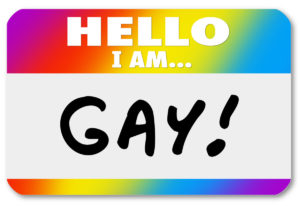 Hello I Am Gay words on a nametag sticker to come out as a homosexual and announce your persuasion with pride to others