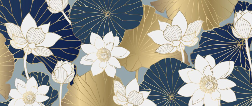 Delicate floral background with lotus flowers and leaves. Luxury vector background for decor, wallpaper, covers, cards and publications on social networks