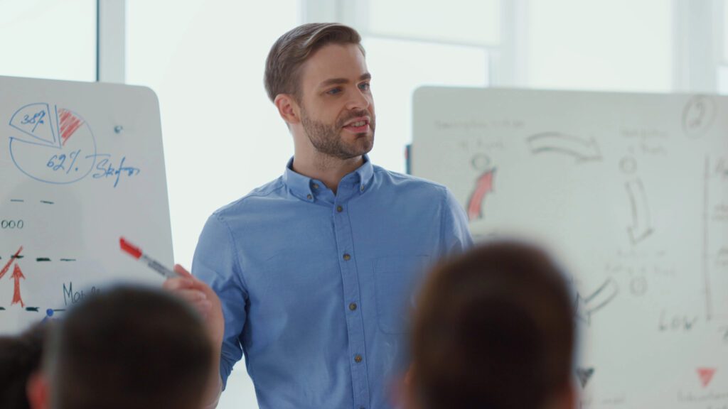 Smart speaker coaching team office. business man teaching people meeting room