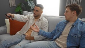 Two men sitting together in thoughtful conversation, representing emotional complexity in gay relationships